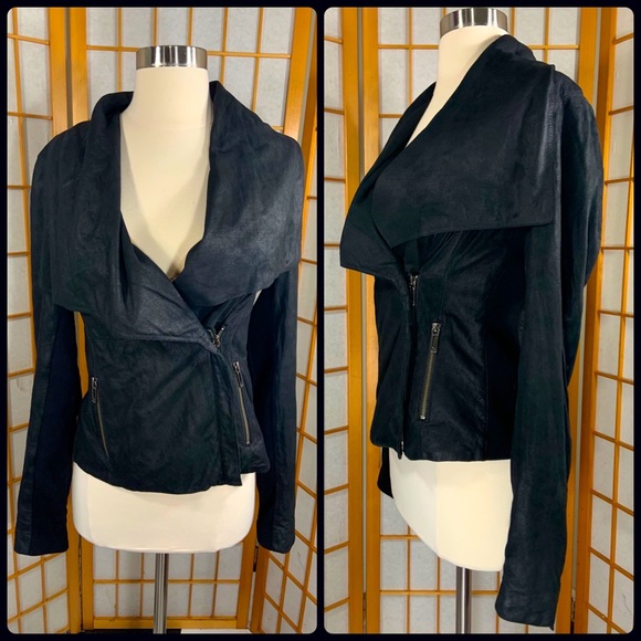 VINCE black paper drape collar leather jacket - Picture 1 of 16